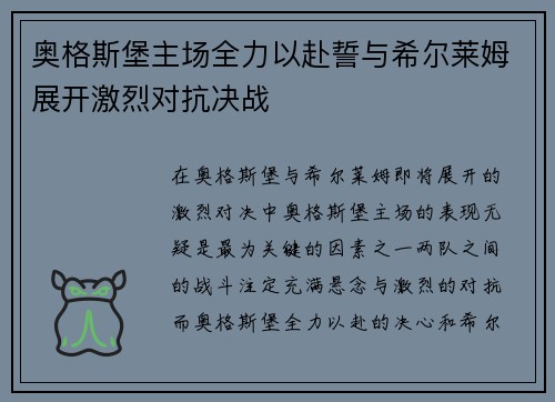 奥格斯堡主场全力以赴誓与希尔莱姆展开激烈对抗决战